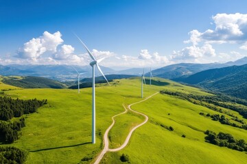 Poster - Aerial Harmony Wind Turbines over Green Meadows with Mountain Backdrop - Sustainable Energy Visual for Eco-friendly Campaigns and Green Industry Applications