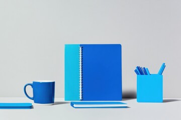 Poster - Minimalist Office Essentials Sleek Blue Desk Set with Innovative Chrome Planner - Elevate Modern Workspace Efficiency in Professional Business Settings