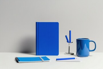 Fototapete - Minimalist Office Essentials Blue Employee Handbook and Chrome Desk Planner - Modern Workspace Design and Professional Organization for Business Innovation