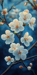 Wall Mural - Elegant branch of a tree adorned with beautiful white flowers against a soft blue sky in a serene setting