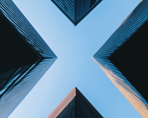 Poster - Geometric Skyline Symphony Futuristic Urban Architecture Capturing Minimalist Design, Corporate Innovation, and Digital-Era Architectural Perspectives