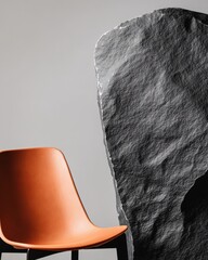 Aufkleber - Minimalist Design Meets Raw Nature Modern Terracotta Chair Juxtaposed with Organic Stone Texture - Contemporary Interior Styling Concept