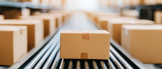 Fototapete - AI-Driven Logistics Revolution Smart Conveyor Automation Transforming E-Commerce Supply Chains with Precision Packaging and Streamlined Global Distribution
