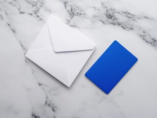 Poster - Minimalist Corporate Branding Mockup Sleek Blue Benefit Card and Envelope on Marble Surface - Modern Business Communication Design