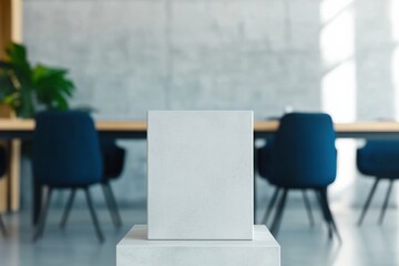 Poster - Minimalist Corporate Display Sleek Gray Podium Showcasing Advanced Design in Modern Workspace with Ergonomic Blue Chairs