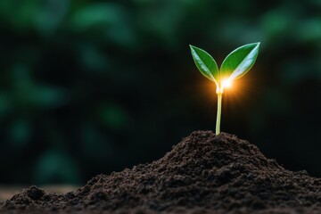 Poster - Eco-Innovative Growth Illuminated Green Seedling Emerging from Rich Soil - Sustainable Technology and Circular Economy Visual Narrative