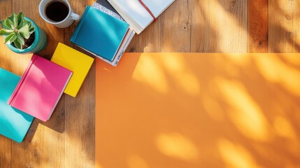 Poster - Golden Hour Workspace Vibrant Minimalist Notebooks, Botanical Styling and Creative Productivity in Warm Sunlit Home Office Design