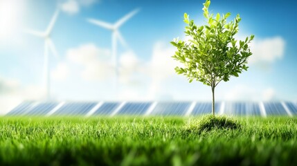 Wall Mural - Serene landscape, lone tree in grassy field with wind turbines generating clean energy for a sustainable future