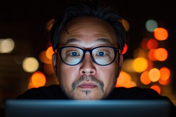Leinwandbilder - Minimalist Nighttime Digital Workspace Asian Male Professional with Glasses on Laptop - Modern Remote Work Setup for Tech-Savvy Millennials
