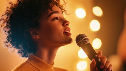 Fototapete - Vibrant Vocal Performance Young Female Singer with Microphone in Retro Lighting - Modern Music Industry, Live Performance, and Digital Content Creation