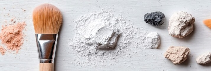 Poster - Minimalist Makeup Artistry Natural Cosmetic Powders and Brush on White - Modern Beauty Content for High-End Skincare and Makeup Industry