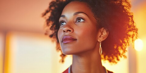 Aufkleber - Golden Hour Portrait Elegant Professional Woman with Curly Hair in Modern Office - Luxury Corporate Aesthetic for Diversity in Business Leadership