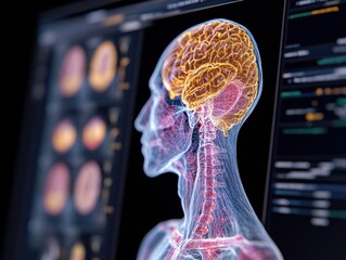 Poster - Futuristic Medical Analysis Hub Digital Brain Imaging on High-Resolution Monitors - Advanced Healthcare Research and Data Interpretation for Cutting-Edge Medical Solutions