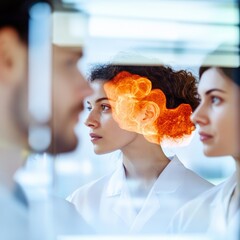 Leinwandbilder - Innovative Neuroimaging Presentation Diverse Medical Team Analyzing Brain Visualization in Modern Healthcare Conference Room - Collaborative Interdisciplinary Insights and Patient Care Enhancement