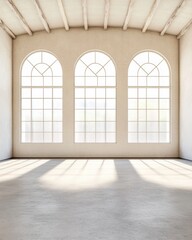 Aufkleber - Industrial Minimalism Loft Design Sunlit Concrete-Floored Studio with Arched Windows - Architectural Imagery for Urban Living Spaces and Contemporary Real Estate Concepts