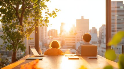 Fototapete - Eco-Chic Urban Workspace Family Digital Nomads in Minimalist South Korean Apartment with Expansive City Views - Remote Work and Learning Synergy in Natural Light