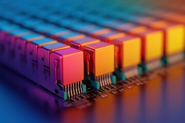 Poster - Vibrant Cable Network Array Gradient-Hued Connectors in High-Tech Data Center - Advanced Infrastructure Design for Scalable Enterprise Solutions and Modern Data Management