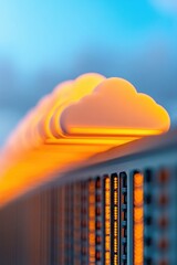 Fototapete - Futuristic Cloud Computing Interface Orange-Hued Cloud Icons with Metallic Servers - Dynamic Tech Visual Content and Business Innovation for Enhanced Data Solutions