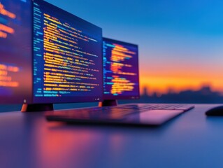 Poster - Minimalist Dual-Monitor Coding Setup Sunset Bathed Workspace with Sleek Keyboard and Code Display - Cutting-Edge Cybersecurity Content for Tech-Savvy Professionals