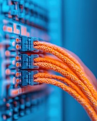 Fototapete - Vibrant Cable Management High-Density Orange Braided Cables in Modern Data Center Rack for Efficient Tech Networking and Streamlined IT Infrastructure Solutions