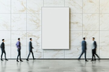 Poster - Contemporary Corporate Billboard Mockup Pristine White Marble with Motion Blur in Modern Office Setting - Elevating Professional Branding and Dynamic Marketing
