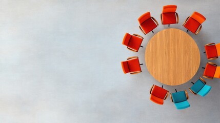 Aufkleber - Contemporary Minimalist Meeting Space Design Vibrant Orange and Blue Upholstered Chairs Around Wooden Conference Table Modern Corporate Branding and Creative Workspace Solutions