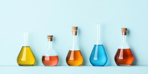 Poster - Colorful Laboratory Flasks Contemporary Glass Equipment on Soft Blue - Modern Scientific Visualization and Educational Content for Enhanced Learning in Chemistry Labs