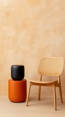 Fototapete - Scandinavian Tech Harmony Wireless Speaker on Minimalist Clay Pedestal with Woven Chair - Streamlined Design for Modern Home Entertainment Aesthetics and Commercial Interiors