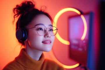 Aufkleber - Vibrant At-Home Podcast Studio Korean Streamer with Hearing Aids in Casual Setup with RGB Lighting - Modern Broadcasting and Engagement for Digital Creators