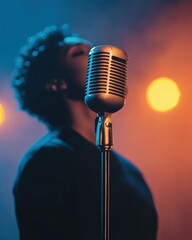 Poster - Retro Aesthetic in Female Comedy Dynamic Close-Up of Vintage Microphone on Stage - Stock for Comedy Clubs and Digital Marketing, Boosting Entertainment Visibility