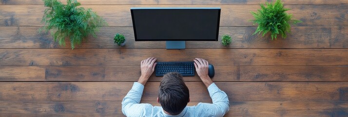Poster - Scandinavian Minimalist Workspace Top-View Male Professional at Wooden Desk with Monitors and Plants - Tech-Savvy Setup for Data Analysis and Productivity