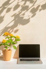 Fototapete - Minimalist Workspace Inspiration Sleek Laptop and Botanical Decor with Soft Shadows - Elevate Academic and Professional Ambiance Through Modern Digital Learning Environments