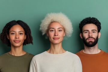 Aufkleber - Modern Inclusivity Portrait Diverse Group in Cozy Textured Sweaters Against Green Backdrop - Empowering Leadership Content and Contemporary Workplace Diversity Promotion