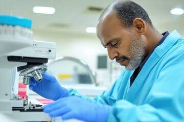 Aufkleber - Sterile Lab Precision Mid-Age Male Medical Technician in Blue Examining Samples with Microscope - High-Tech Clinical Diagnostics and Healthcare Innovations
