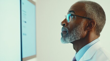 Leinwandbilder - Thoughtful Healthcare Professional Analyzing Digital Tablet Data on Minimalist Hospital Wall - Enhancing Patient Care with Tech-Driven Insights