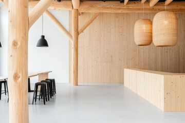 Poster - Minimalist Eco-Chic Workspace Sustainable Wooden Interior with Repurposed Elements - Enhancing Modern Office Wellbeing and Eco-Conscious Corporate Design