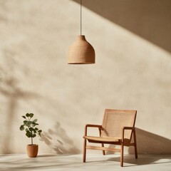 Leinwandbilder - Contemporary Minimalist Urban Decor Textured Rattan Pendant and Wooden Cane Chair in Light-Filled Space - Modern Interior Design and Architectural Styling for Trendy Home Furnishings