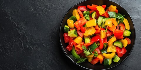 Aufkleber - Vibrant Vegetable Medley on Textured Black Ceramic Modern Culinary Artistry for Upscale Dining Marketing and Visual Menu Innovation in Fine Restaurant Spaces