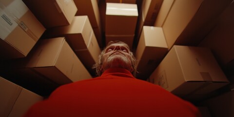 Fototapete - Industrial Aesthetic in Logistics Older Male Worker Amidst Cardboard Boxes in Warehouse Setting Efficiency in Modern Distribution and Inventory Management
