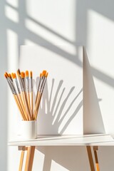 Fototapete - Minimalist Art Workspace Sunlit Desk with Paintbrushes in Ceramic Holder and Clean Canvas Creative Exploration for Modern Art Education and Design Studios