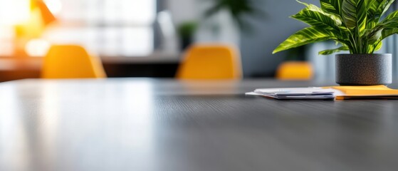 Poster - Modern Wellness Workspace Display Innovative Gray Laminate Conference Table Surface with Biophilic Decor for Professional Collaboration and Clean Corporate Environments