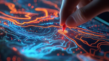 digital cityscape with illuminated navigation routes, gps pin, and high-tech mapping interface – fut