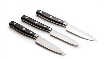 three paring knives on white background