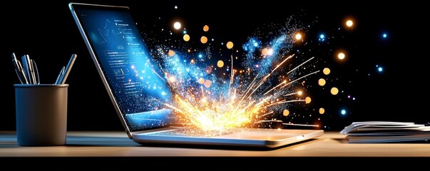 Digital Explosion Laptop with Sparkling Energy Burst