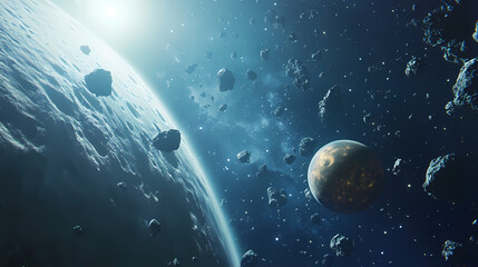 giant planet in deep space with asteroids