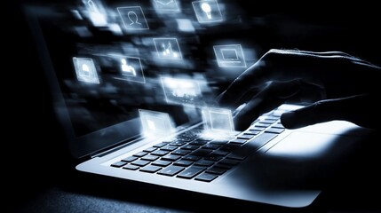Wall Mural - data transfer, laptop, digital icons, night, glowing, cybersecurity