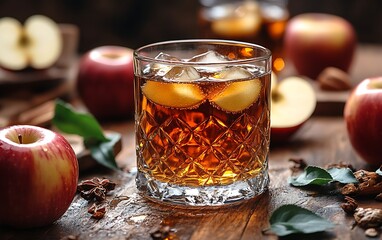 Wall Mural - a glass of juice next to an apple and oranges