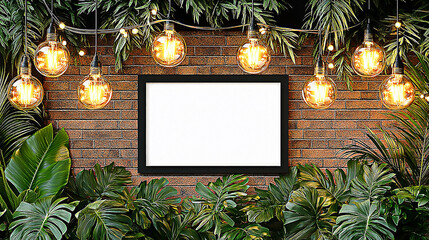 a blank frame surrounded by lush greenery and glowing lights aga