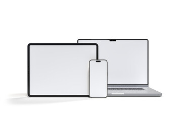 Canvas Print - 3d realistic laptop, tablet and smartphone digital device mockup with blank screen isolated on backg