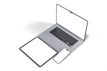 Canvas Print - 3d realistic laptop, tablet and smartphone digital device mockup with blank screen isolated on backg